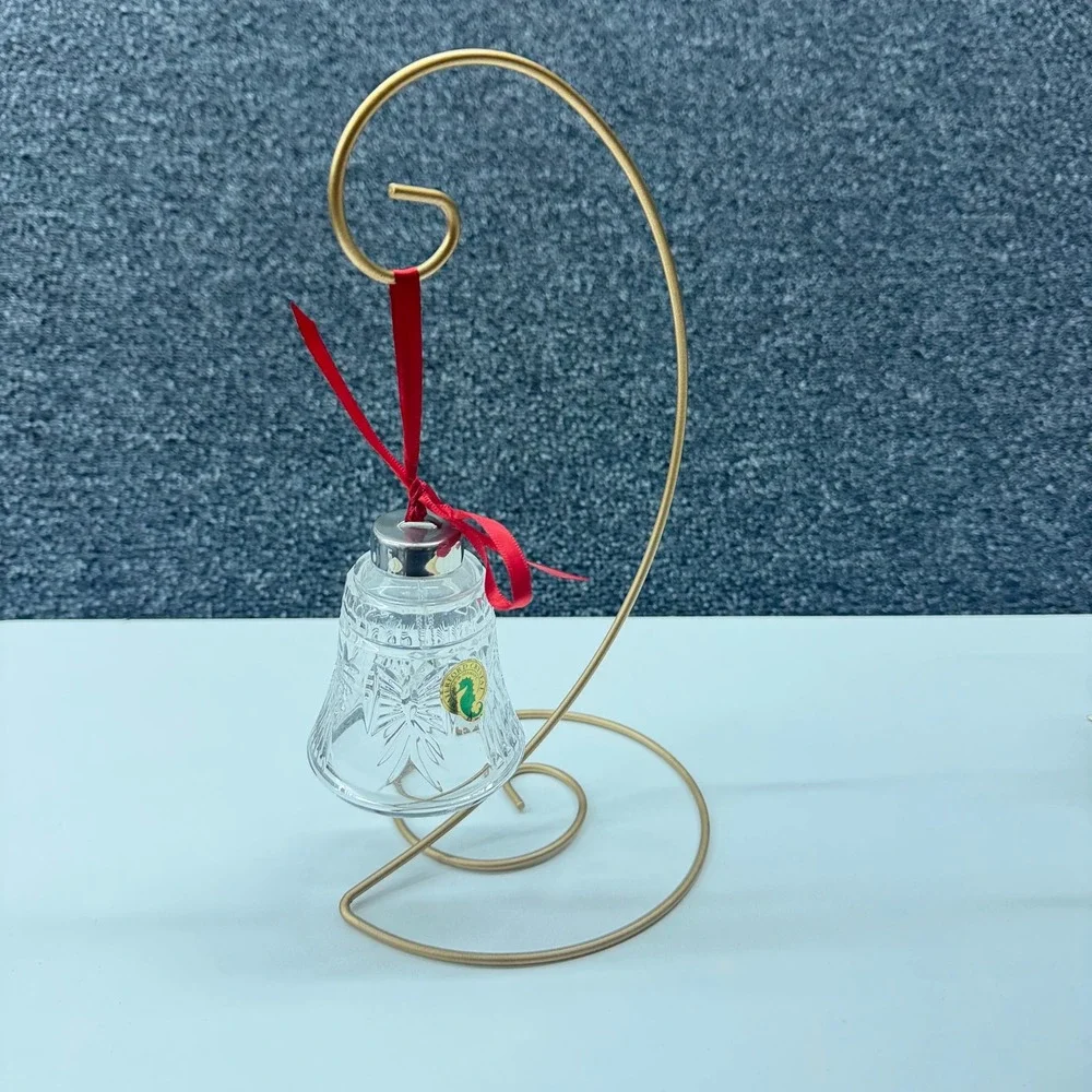 Vtg Waterford Crystal Angel Bell Christmas Ornament with Gold Tone Display Stand